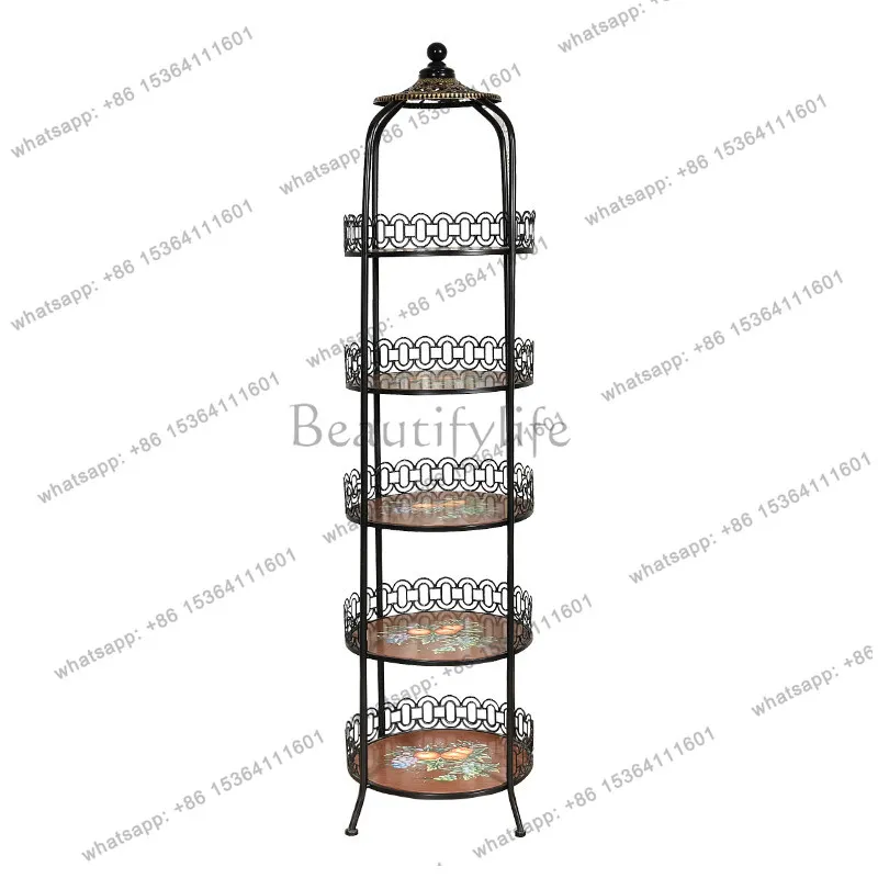 

American wrought iron multi-layer flower stand shelf living room balcony flower pot round storage rack