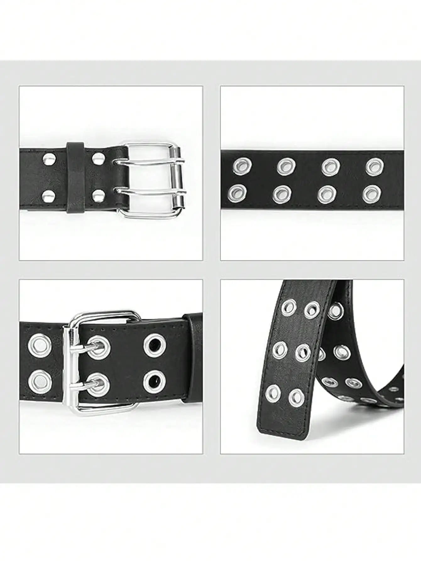 Black punk style personality Fashion belt Double riveted hole belt Black Metal Adjustable size for women men (110cm long)