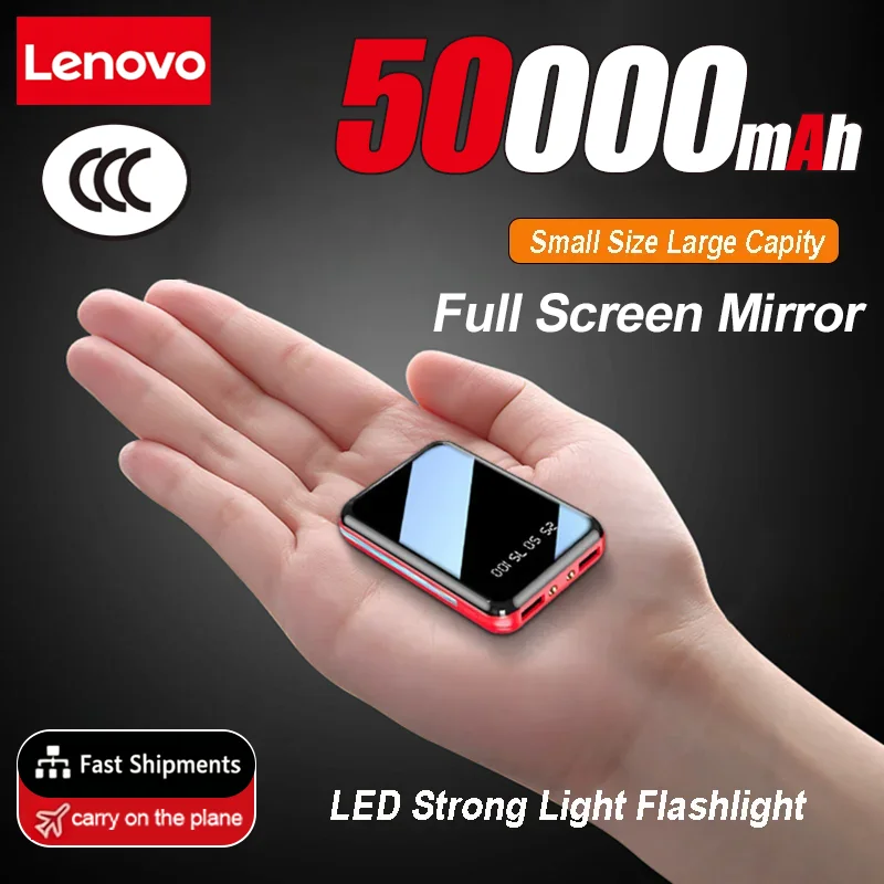 

Портативный мини-аккумулятор Lenovo 50000 мАч с зеркальным экраном, быстрой зарядкой и большой емкостью для iPhone, Huawei, Samsung