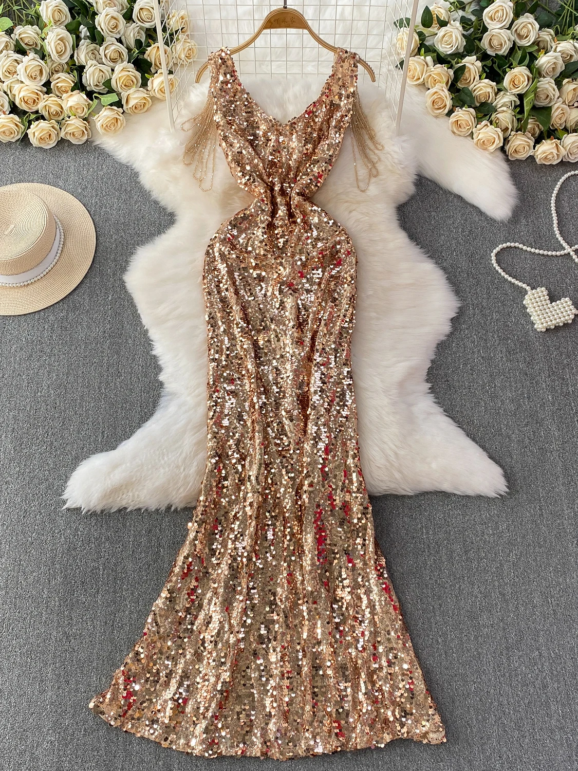 우아한 v 넥 스팽글 드레스 여성 하이 웨이스트 a 라인 스커트 민소매 반짝 이는 패브릭 여름 통근 공식 행사 드레스