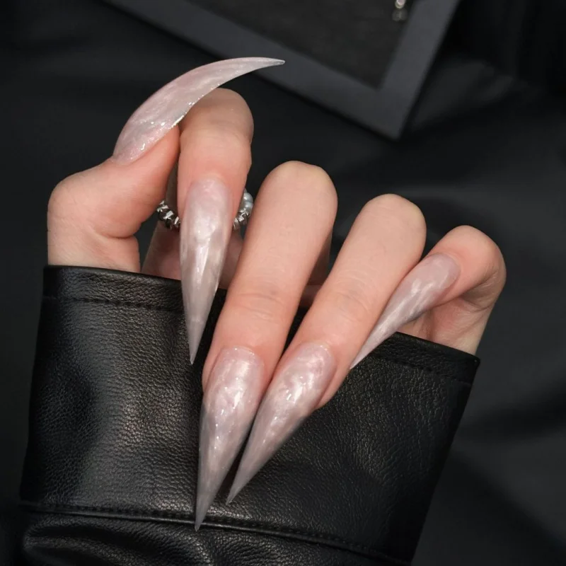 Super Long Stiletto Press On Nails Nude Marble Swirl Aurora Fake Nails Extra Sharp Pointed False Nail Art Glossy Reusable Handma
