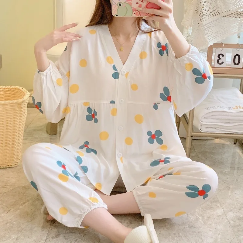 2023 New Cardigan Cotton Silk Pajamas Women Spring Autumn Thin Cotton Home Clothes Summer Girl Cotton Silk Suit