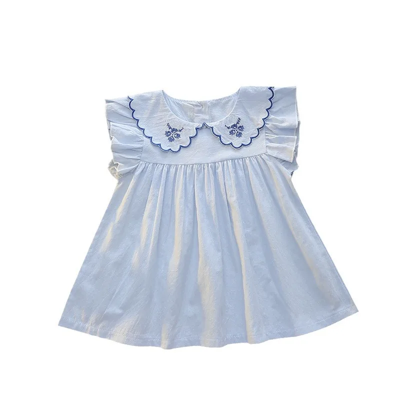 Baby Girls 0-3 Years Embroidered Collar Dress 2025 Summer Chic Princess Gown Floral Lace Infant Outfit for Newborn Toddler