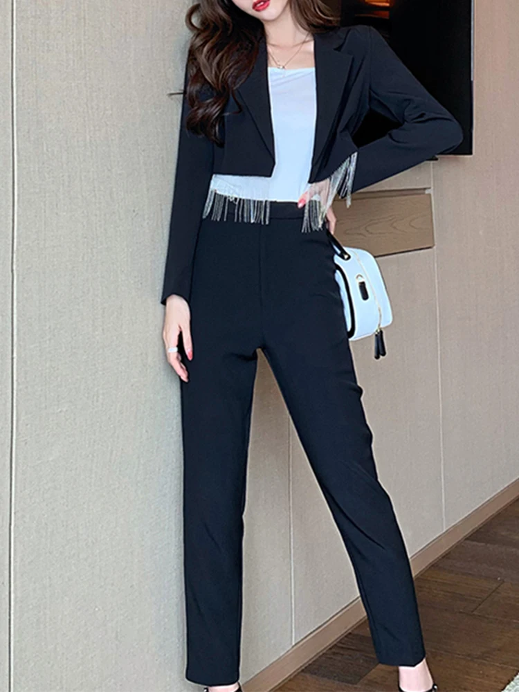 Fashion Trend Ensemble Femme 2 Pièces Set Chic Tassel Long Sleeve Short Blazer Women High Waist Pencil Pant Suits Office Street