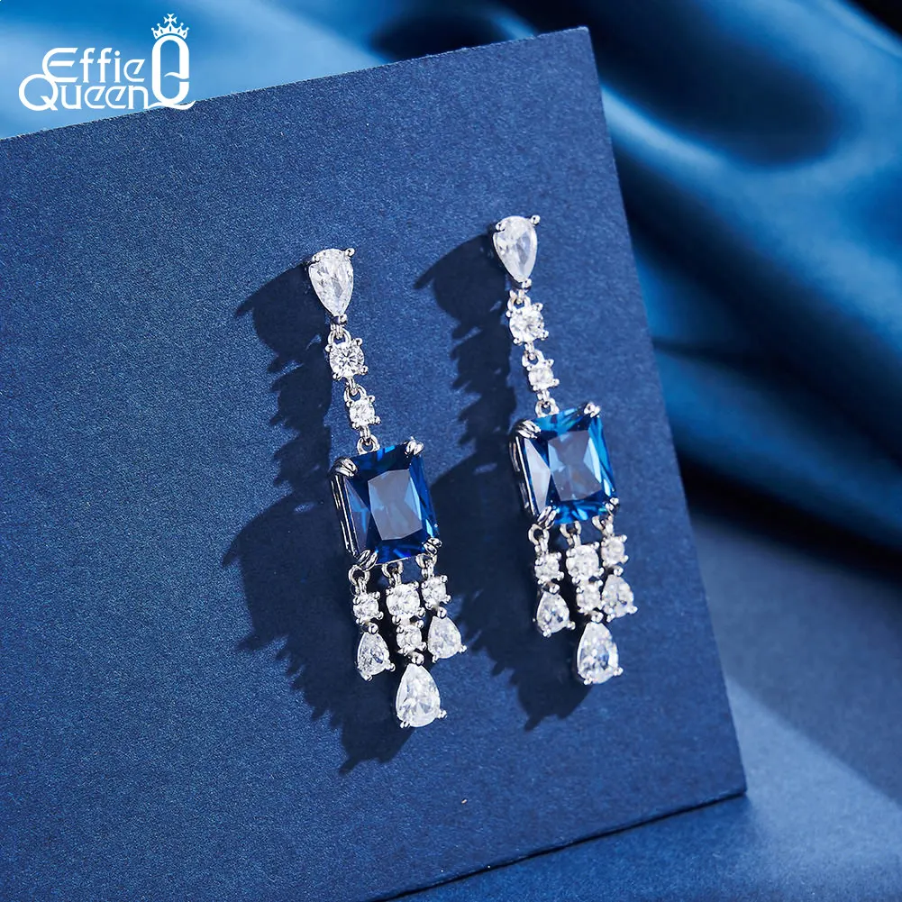 Effie Queen 925 Sterling Silver Dangle Earrings Created Square Sapphire With 5A Water Drop CZ September Birthstone Present LZE41