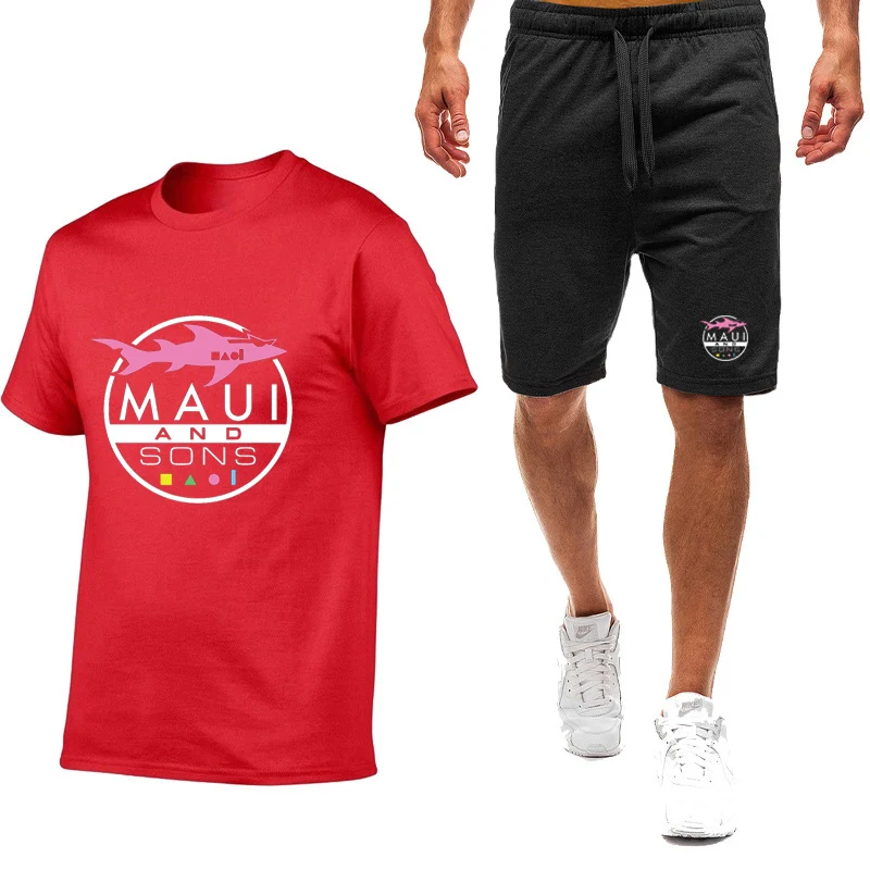 

Maui And Sons Shark 2025 Hot Selling Summer New Men's Short Sleeved Casual Breathable Cotton T-shirt+Premium Half Pants Suits