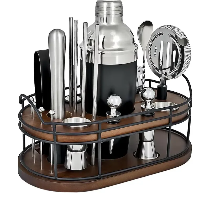 Home Hero Bartender Set 22-Piece Stainless Steel Cocktail Bartender Bar Tool Set Wooden Stand Display Stand Bar Cart
