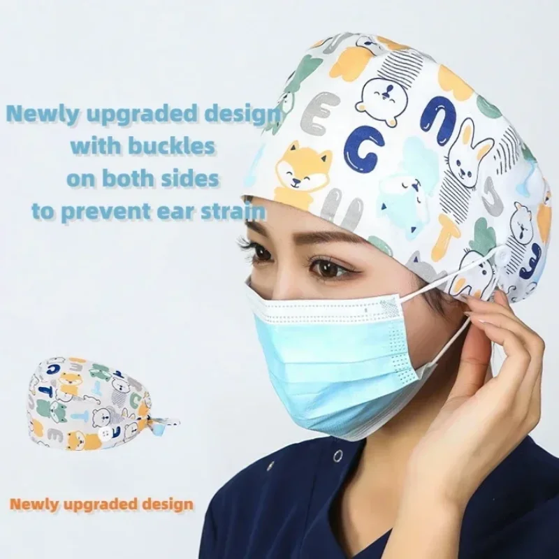 หมวกห้องผ่าตัดทำจากผ้าฝ้ายแท้ ปรับความยืดหยุ่นได้ หมวกทำงานของพยาบาล หมวกครัว หมวกพยาบาลพิมพ์ลายการ์ตูน หมวกพยาบาลเสริมสวย