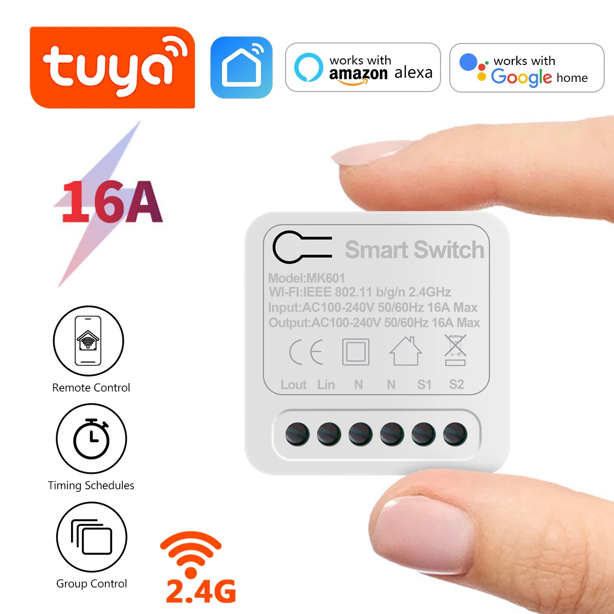 Tuya Smart Switch Mini Wifi Relay Breaker Voice Control 16A Wireless Light Switcher Timer Work With Alexa Google Home