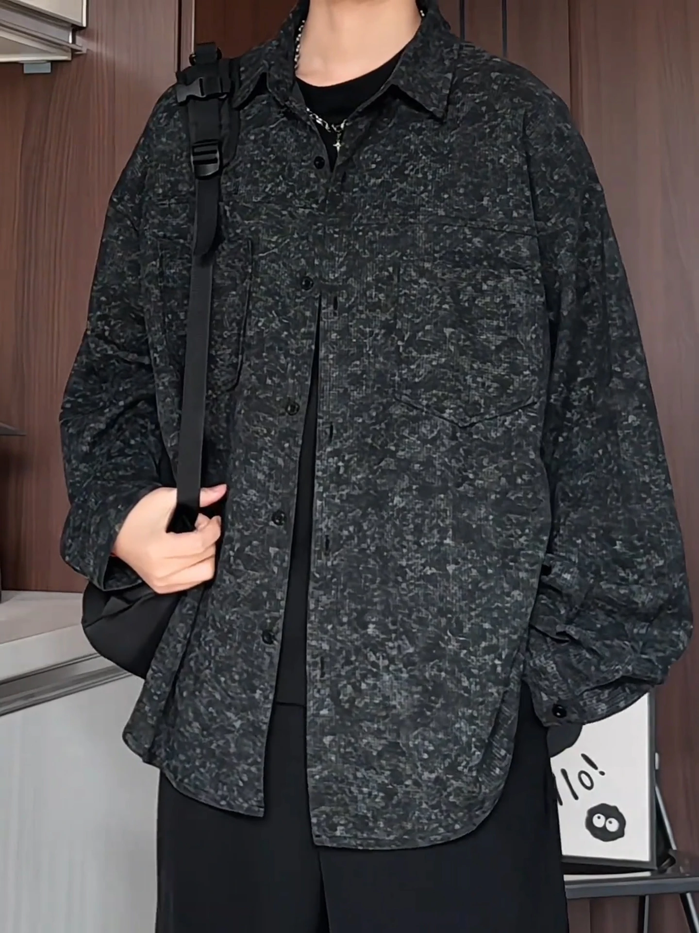 

American Retro Bla Embroidered irt Men's Long Sve Casual Outerwear Spring Lazy Sle Leisure Coat Breathable Youthful