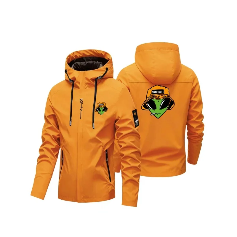 Men Cool Alien Bucket Hat Print Hooded Jacket  Windproof Outdoor Windbreaker  Casual Zip Coat for Hiking Travel