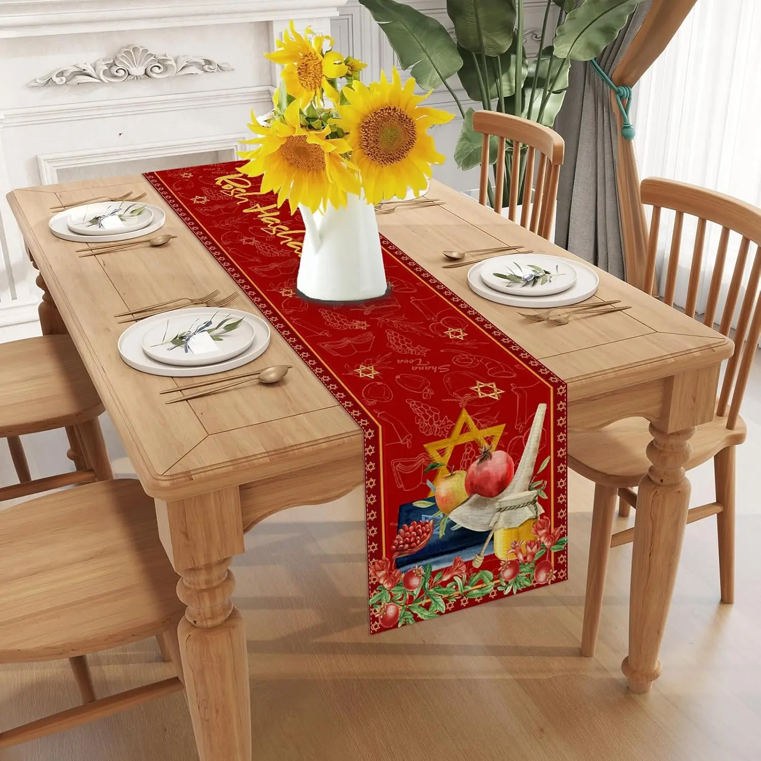Rosh Hashanah Pomegranate Honey Linen Table Runner Jewish Holiday Decor Shana Tova Kitchen Dining Table Runner Party Decor