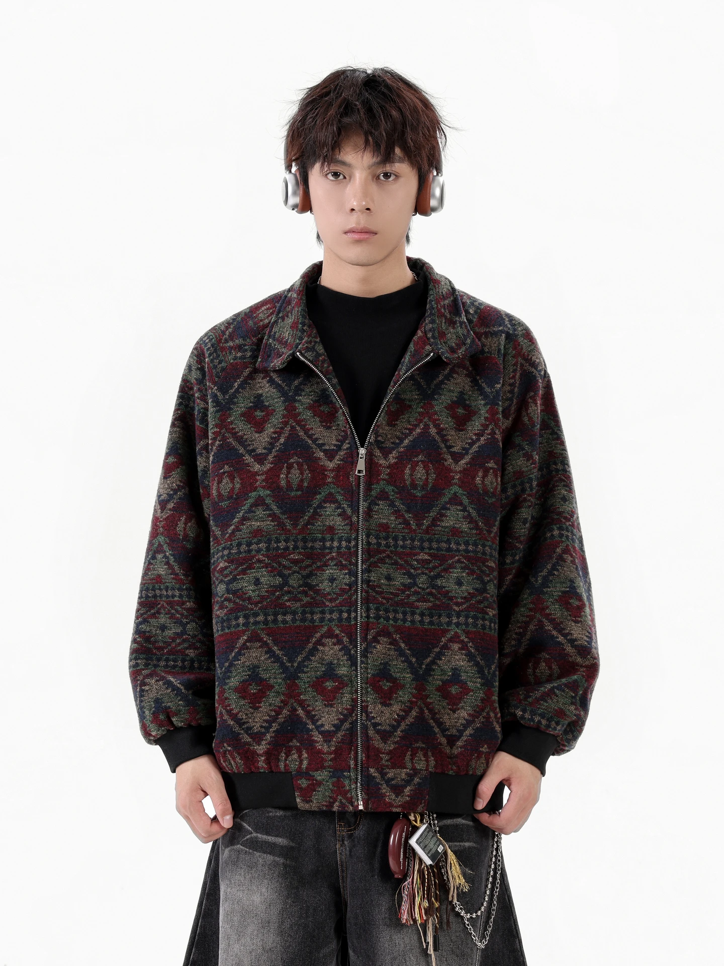 2025 Spring and Autumn New Retro Ethnic Style Diamond Check Red Jacket Loose Casual Green Men's Turn-Down Collar Jacket