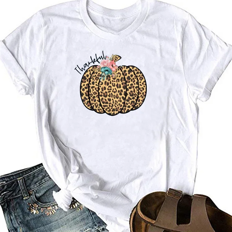 

Thankful Leopard Woman Tshirts Pumpkin Print Graphic Tees Halloween 2024 New Autumn Shirt Girls Classic Graphic Tee