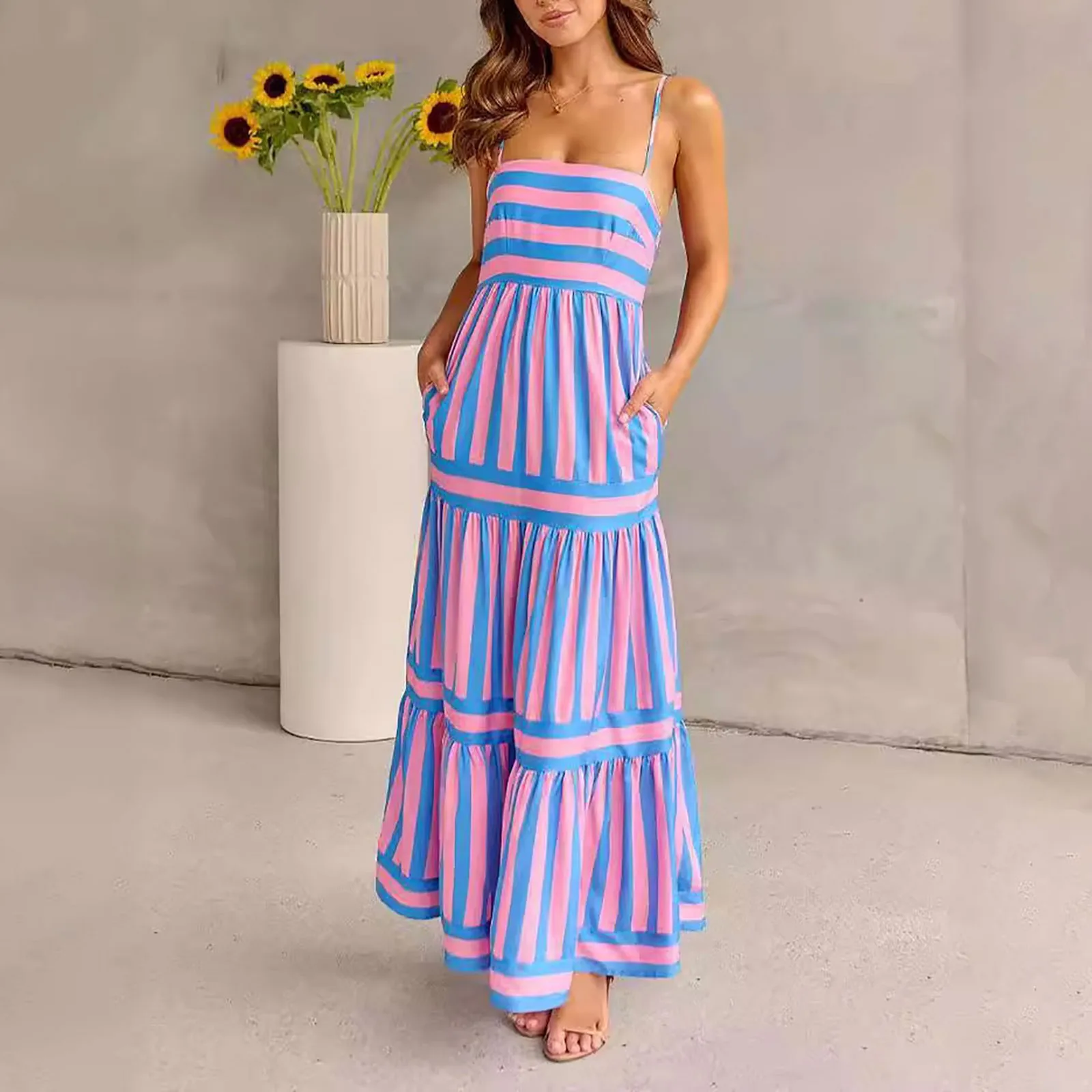 Moda donna Boho colorato Spaghetti Strap Dress Summer Vacation Beach Long Sundress Striped Flowy Cami Maxi Dress Vestidos