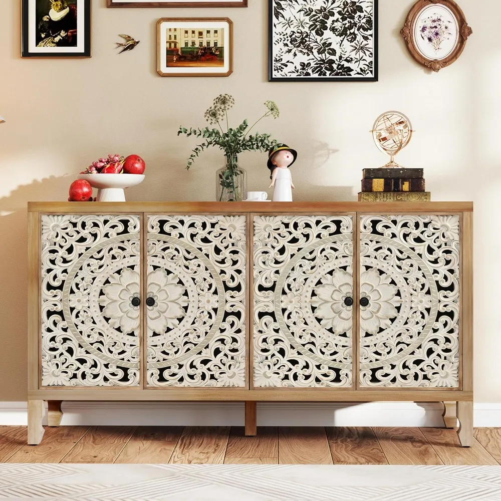 

Buffet cabinet with storage room, decorative cabinet with 4 carved doors, solid wood side panels with adjustable shelves