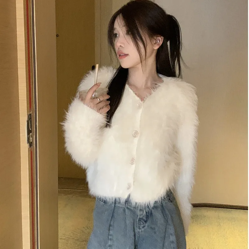 2025 婦人服 V ネック セーター イミテーション ファー トップ 冬 新作 1116