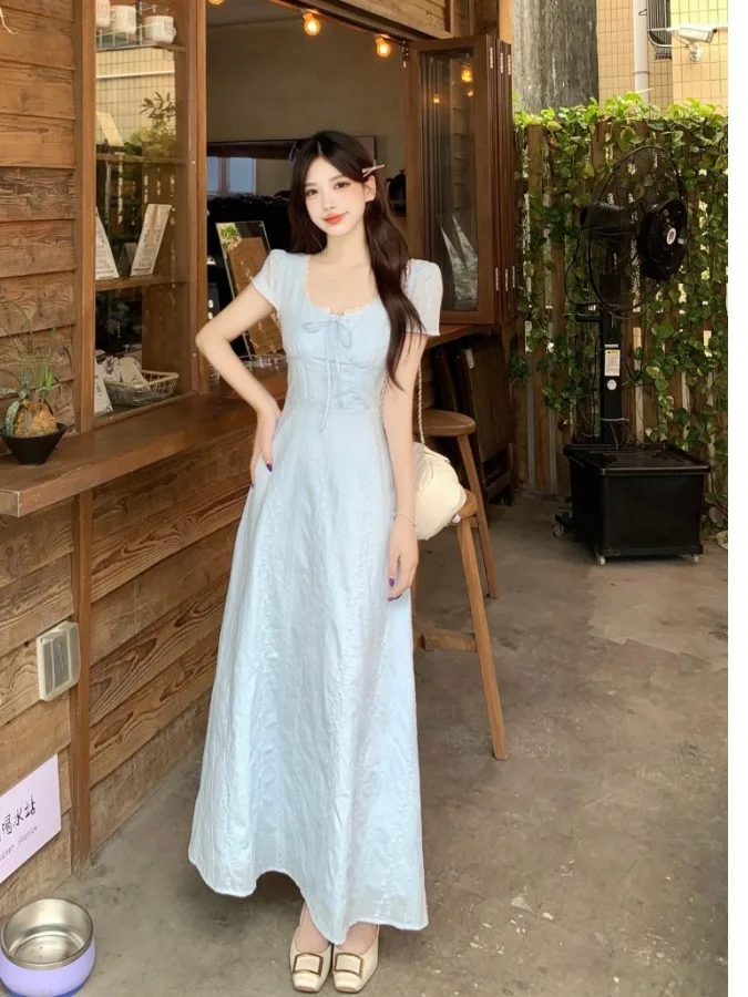 

plus Size Women's Blue Lace Short Sleeve Dress Summer New Waist Cinching A-Line Skirt Commute Style High Waist Long Dress
