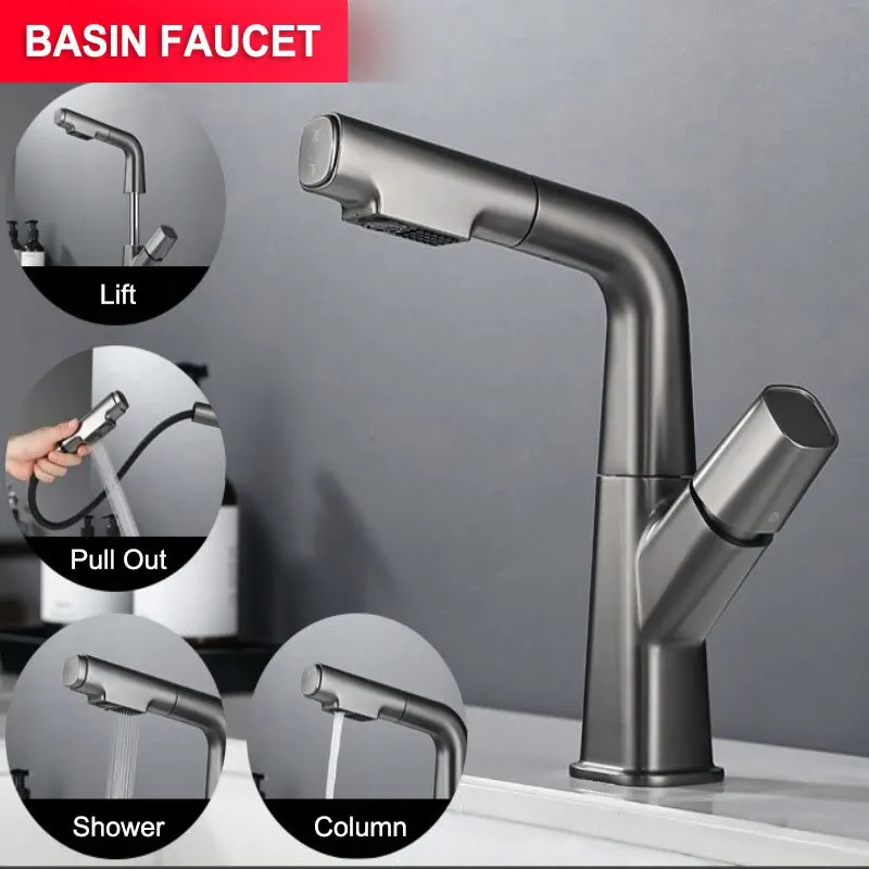 

Pull Out Lift Basin Faucet 360° Lift Up And Down Faucet Bathroom Mixer Tap Hot Cold Water Washbasin Kitchen Sink Faucet Gun Gray