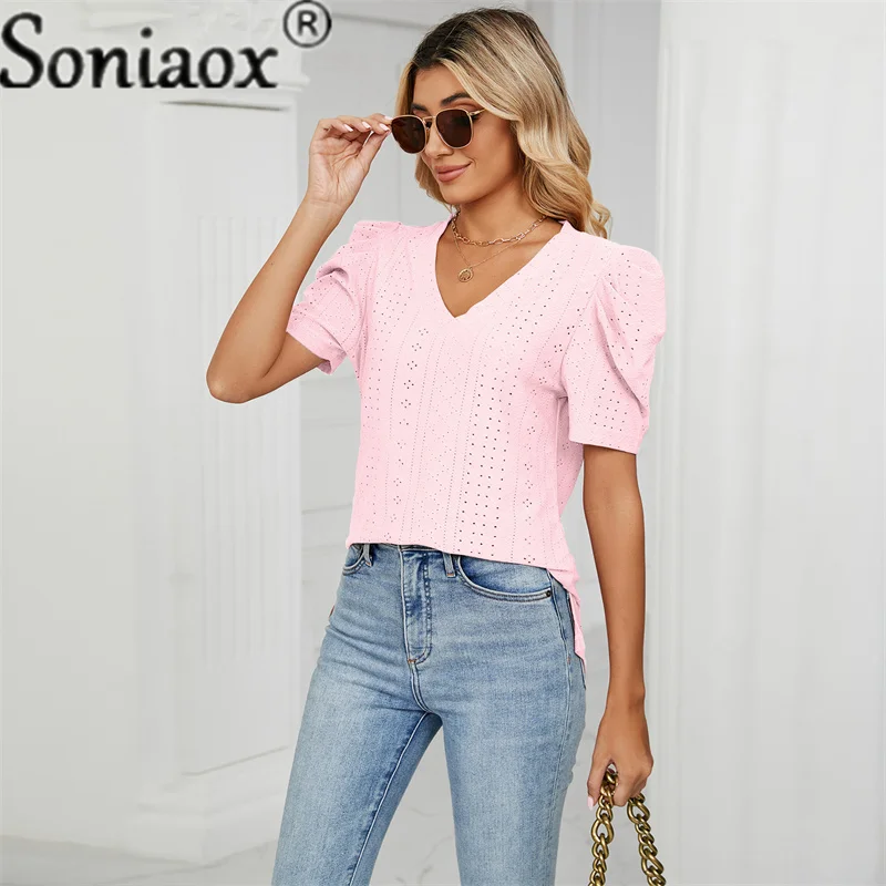 Women's Pleated Bubble Sleeve T-Shirt 2023 Summer New V-neck Refreshing Breathable Tops Female Elegant Cotton Street Casual Tees