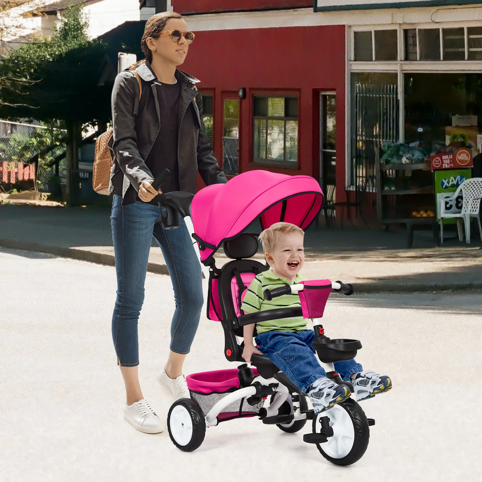 Bicicleta plegable 7 en 1 para niños pequeños con mango de empuje ajustable extraíble, asiento giratorio con dosel, arnés de seguridad, portavasos, Trike