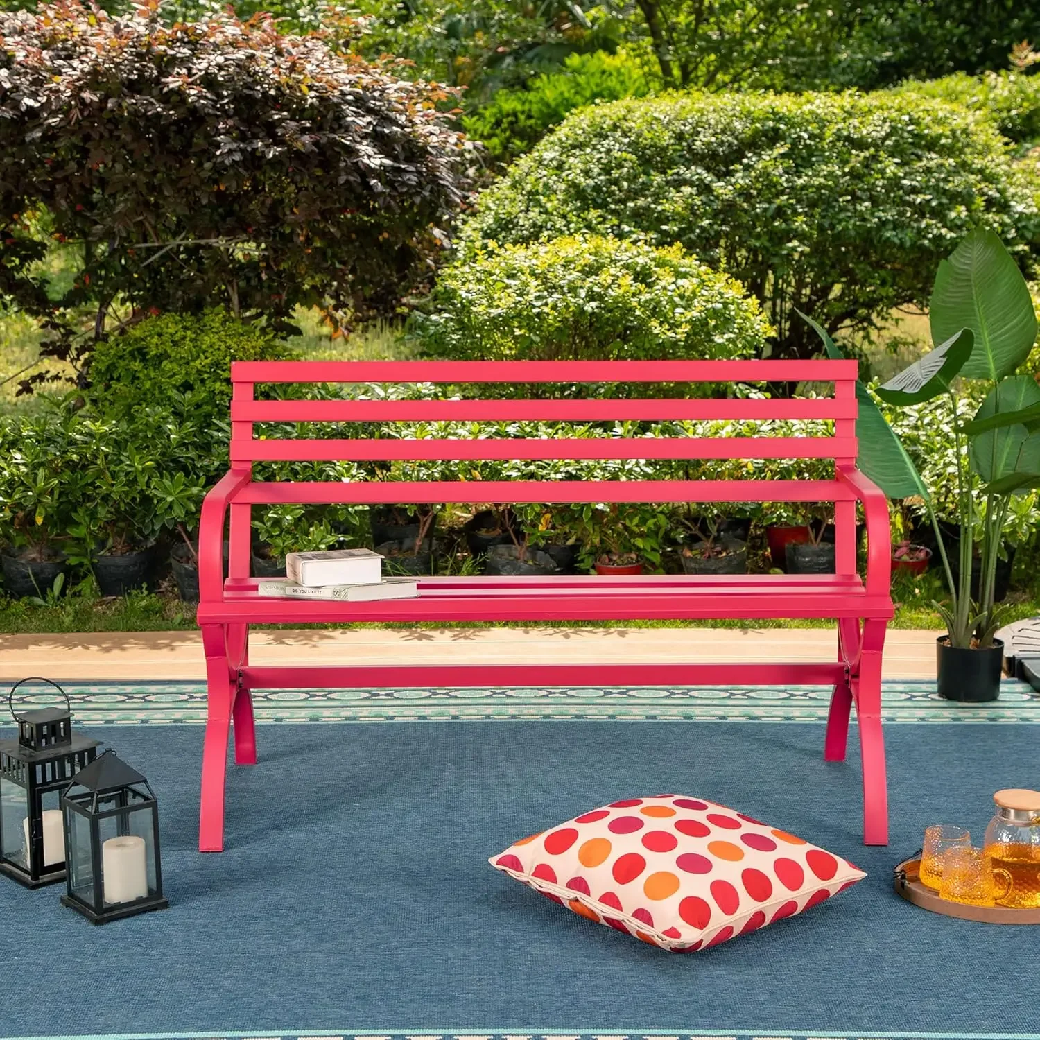 

Outdoor Garden Bench, 48” Long Metal Steel Bench with Backrest and Armrests