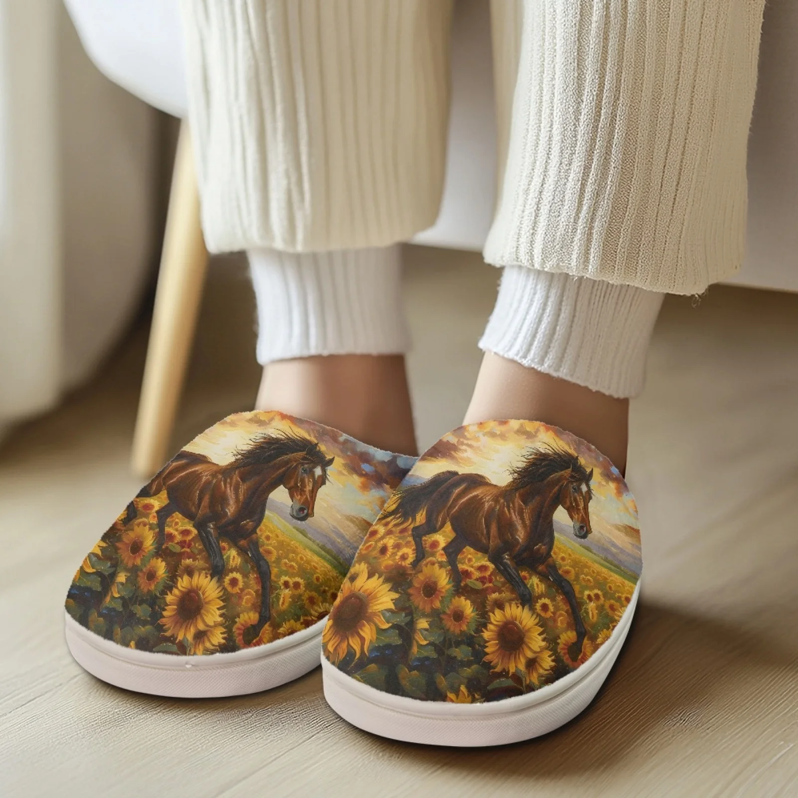 PENSTROLL Horse Sunflowers Slip On Fleece Slippers Travel Shoes for Outdoor Freelancer Home Shoes