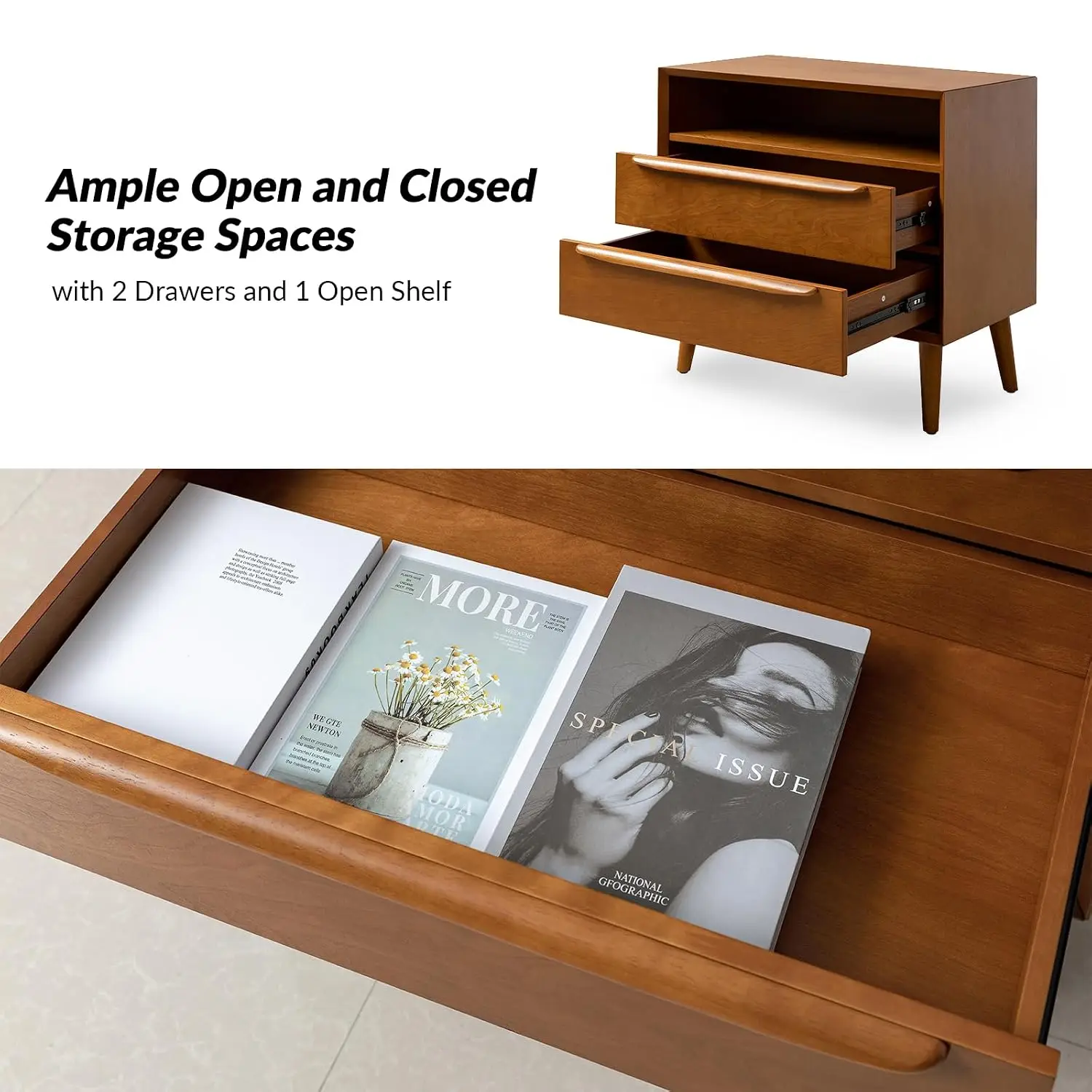 End Table with Charging Station, Mid-Century Modern 2 Drawer and Open Shelf, Fluted End Table（Acorn, Set of 2）, Custom - view 3