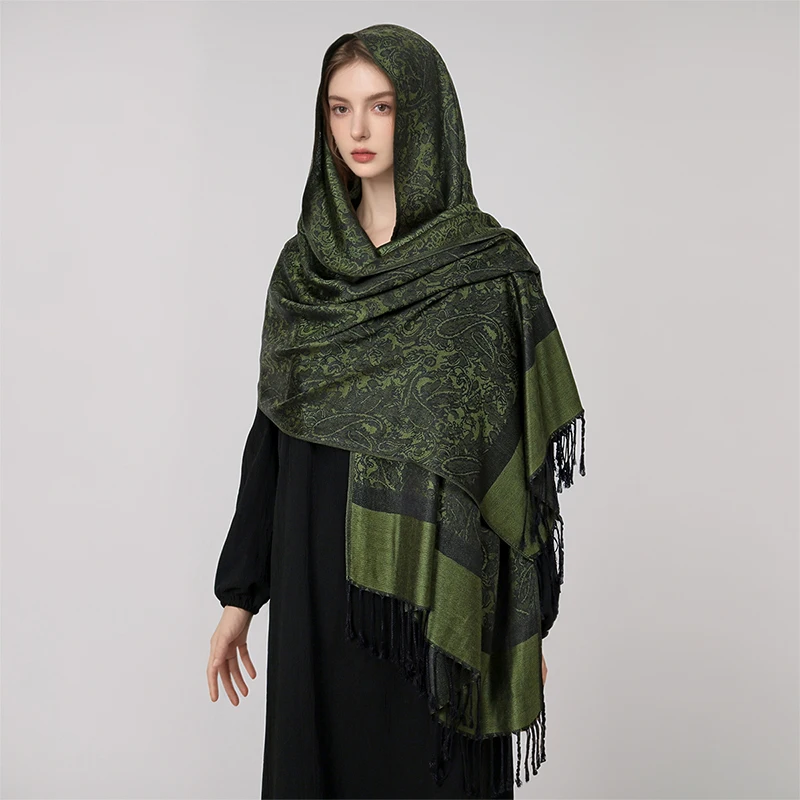 [T003] 1pc Bohemian Fashion Paisley Jacquard Pashmina Scarf Tassel Ladies Hijab Shawl Wrap Winter Suitable For Daily Wear