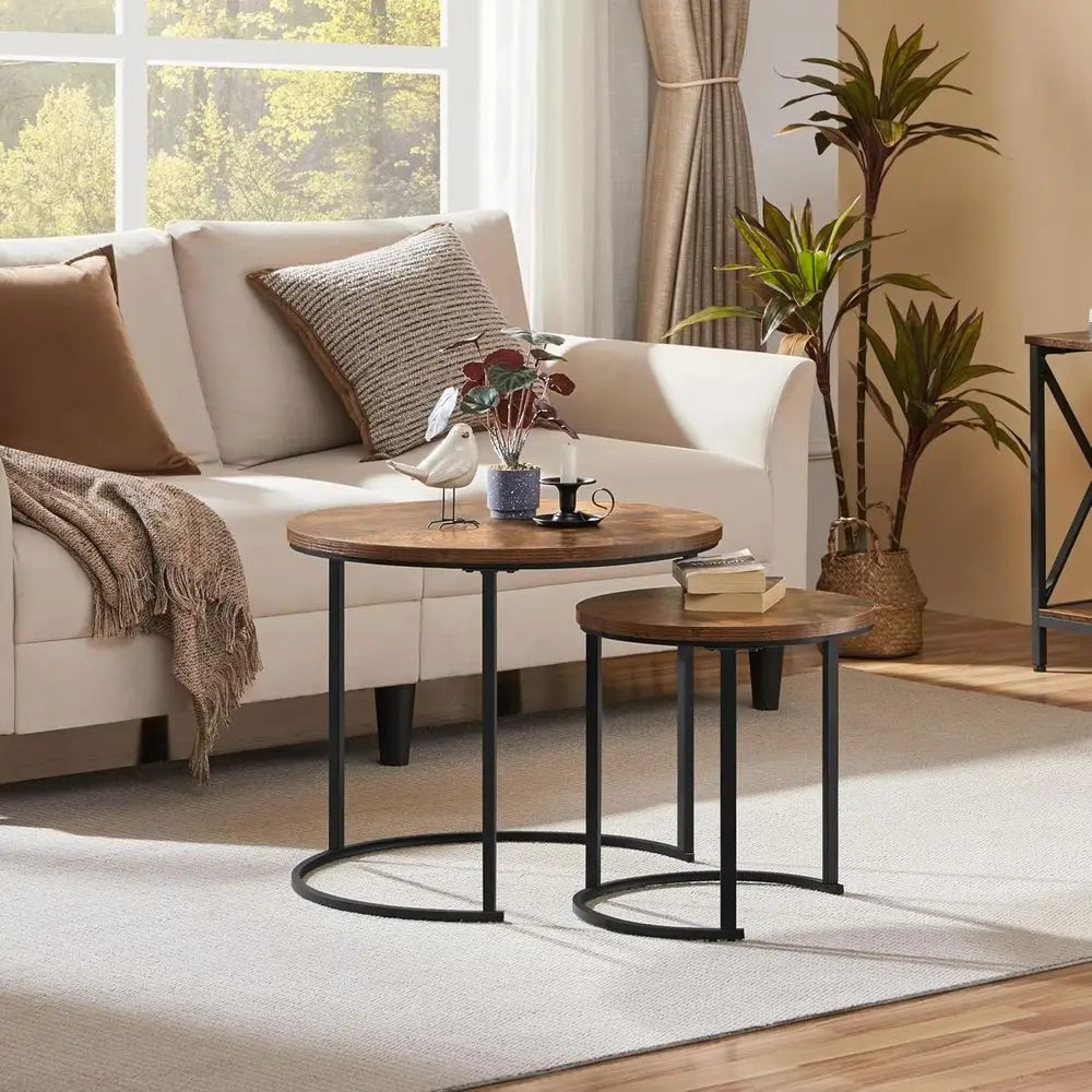 Nesting Coee Table, Round Coee Table or Living Room, Nesting Table with Wooden Tabletop and Sturdy Metal e, Stacking Living Room