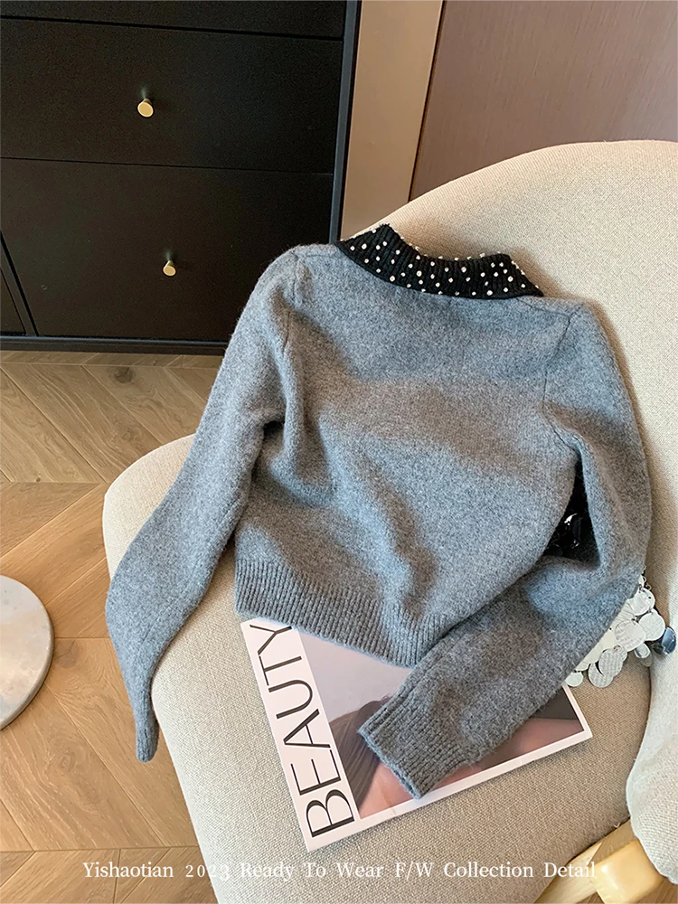 French Grey Knitted Cardigan Women Harajuku Crystal Diamonds Oversized Sweater Peter Pan Collar Long Sleeve Korean Streetwear