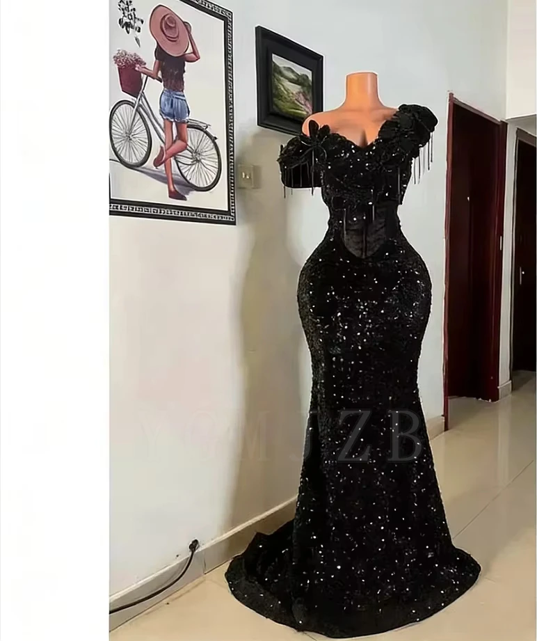 Red Aso Ebi Prom Dresses Luxury Off Shoulder Beaded Sequined 3D Flowers African Party Gala Birthday Formal Evening Gowns image 4