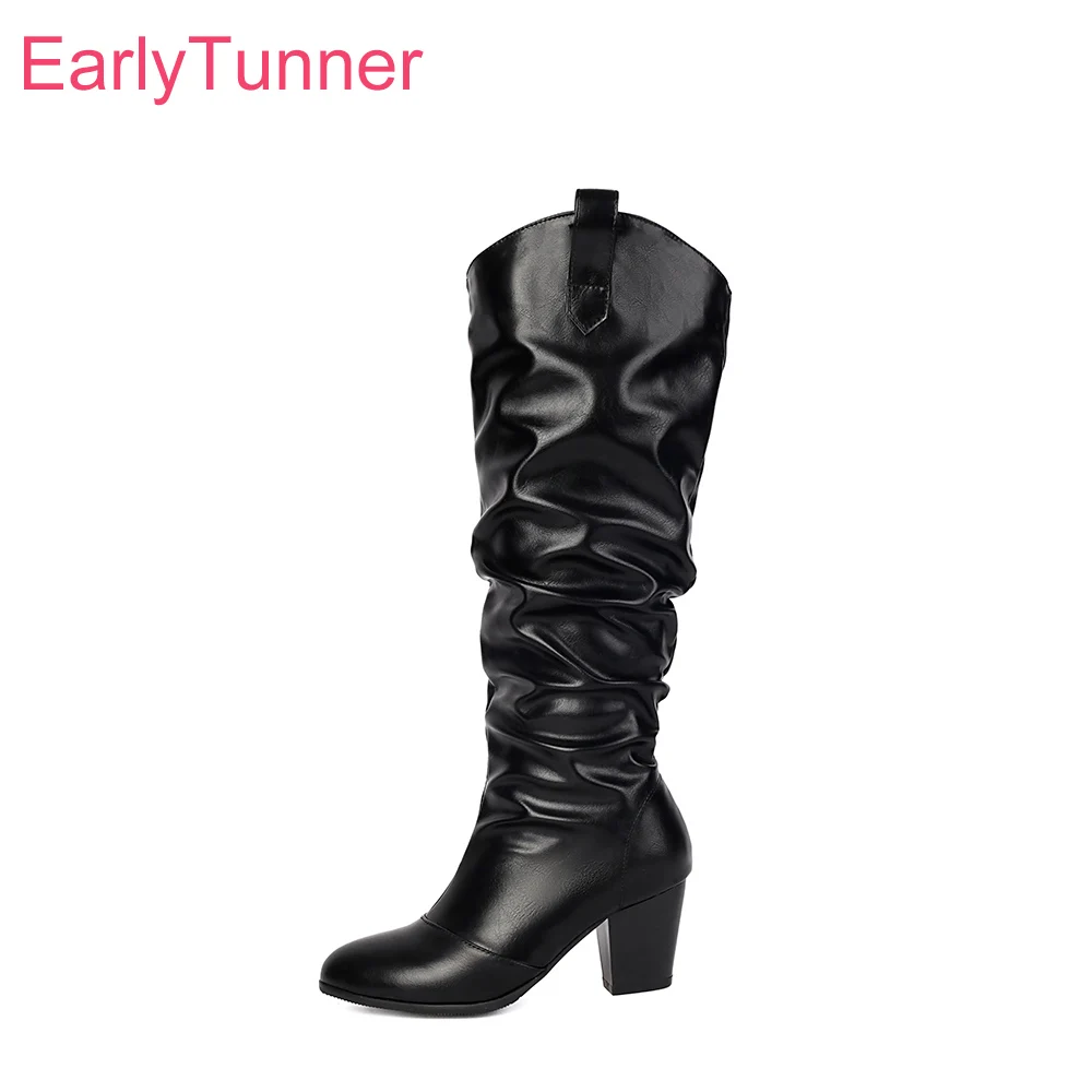 Winter Mature Black Women Knee High Boots 6cm High Chunky Heels Lady Riding Shoes Large Size 12 44 48 Non-Slip