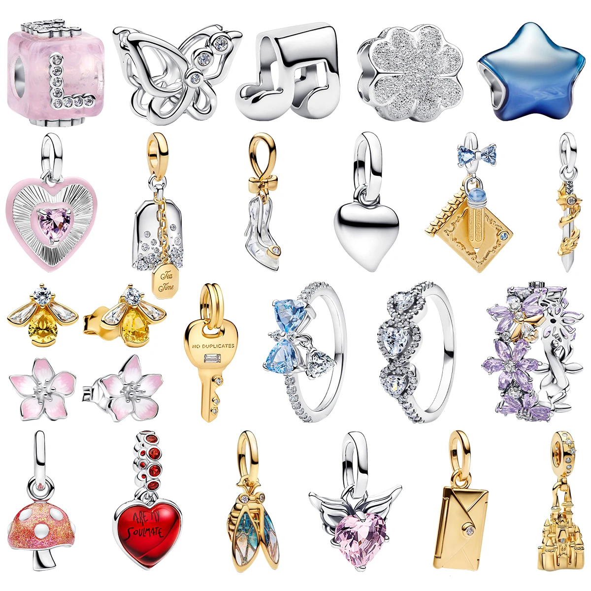 2026 925 Sterling Silver Pave Plate Pendant Beads Cube Notes Star Notebook Sword Key Ring Mushroom Cicada Envelope Charm Jewelry