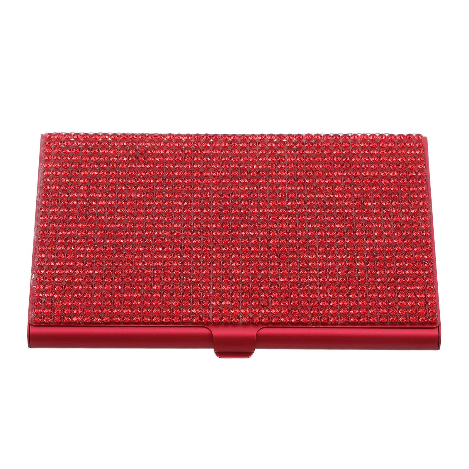 Bling Business Card Holder Red Rhinestone Metal Name Card Case Slim Portable Office Exhibition Display for Women Business Events