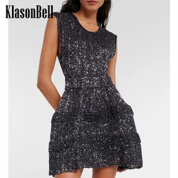 1.21 KlasonBell High Quality Bling Bright Silk Knit O-Neck Tank Dress For Women Sexy Hollow Out Collect Wist Party Short Dress