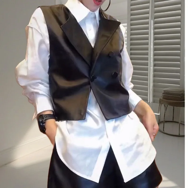 Two-piece Set 2026 Design Sense Fashion Trend PU Leather Vest Top Jacket Versatile European Shorts Women's Loose Temperament
