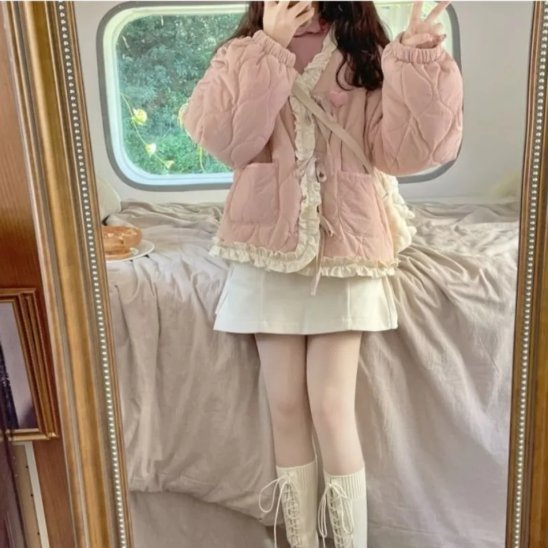 2023 New Women Down Cotton Coat Winter Jacket Female Student Short Parkas Loose Thick Outwear Design Feel Lace Sweet Overcoat