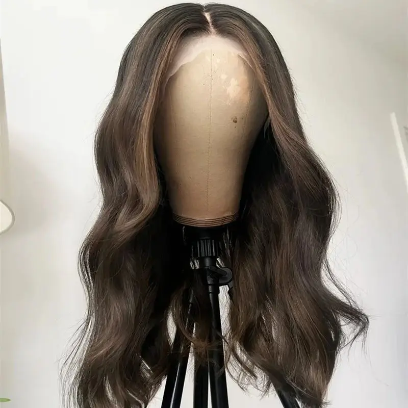 Middle Part Ombre Dark Brown Highlights Synthetic HD Lace Front Wig for Women Small Larhe Size Cap High Quality Glueless Wig