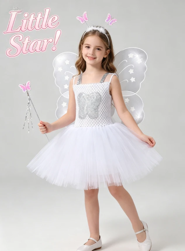

White Tooth Fairy Mesh Princess Tutu Dress With Butterfly Wings For Kids Halloween Party Dress Up Holiday And Stage Performance