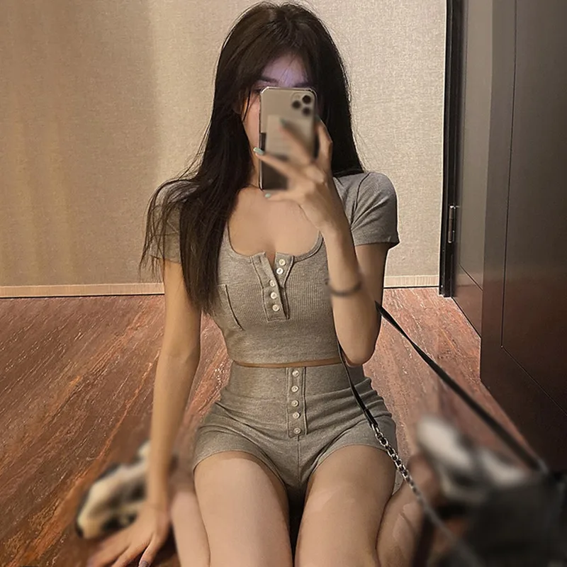 Short Sleeve Top High Waist Shorts Outfits for Women  One Size Bodycon  Crop Top Shorts Set Casual 2 Piece Set