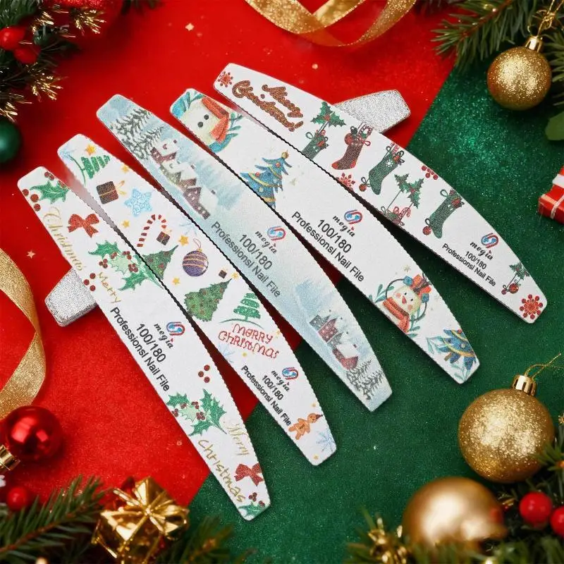 Pilniki do paznokci świąteczne dwustronne do manicure żelowych paznokci, do użytku domowego i salonowego, zmywalne, do usuwania żelu, polerowania, noworoczne pilniki 1 szt.