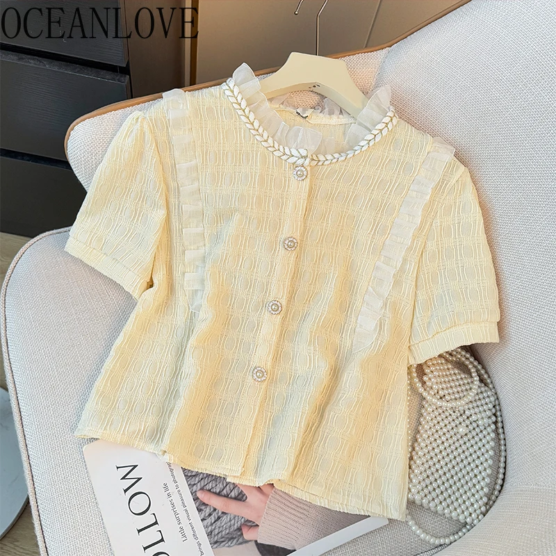 

OCEANLOVE Sweet Ruffles Women Shirts&blouses Spring Summer Korean Fashion Chic Blusas Mujer Short Sleeve Elegant Camisas