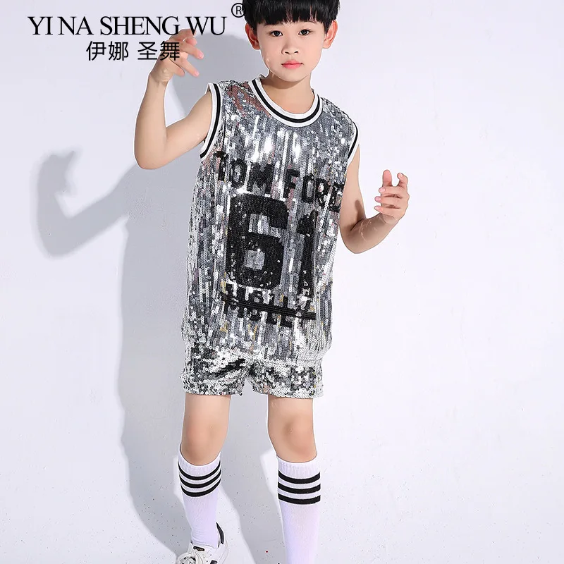 Sequin Jazz Dance Costume Boys and Girls Hip Hop Street Dance Modern Dance Cheerleading Performance Sleeveless Top Shorts Set