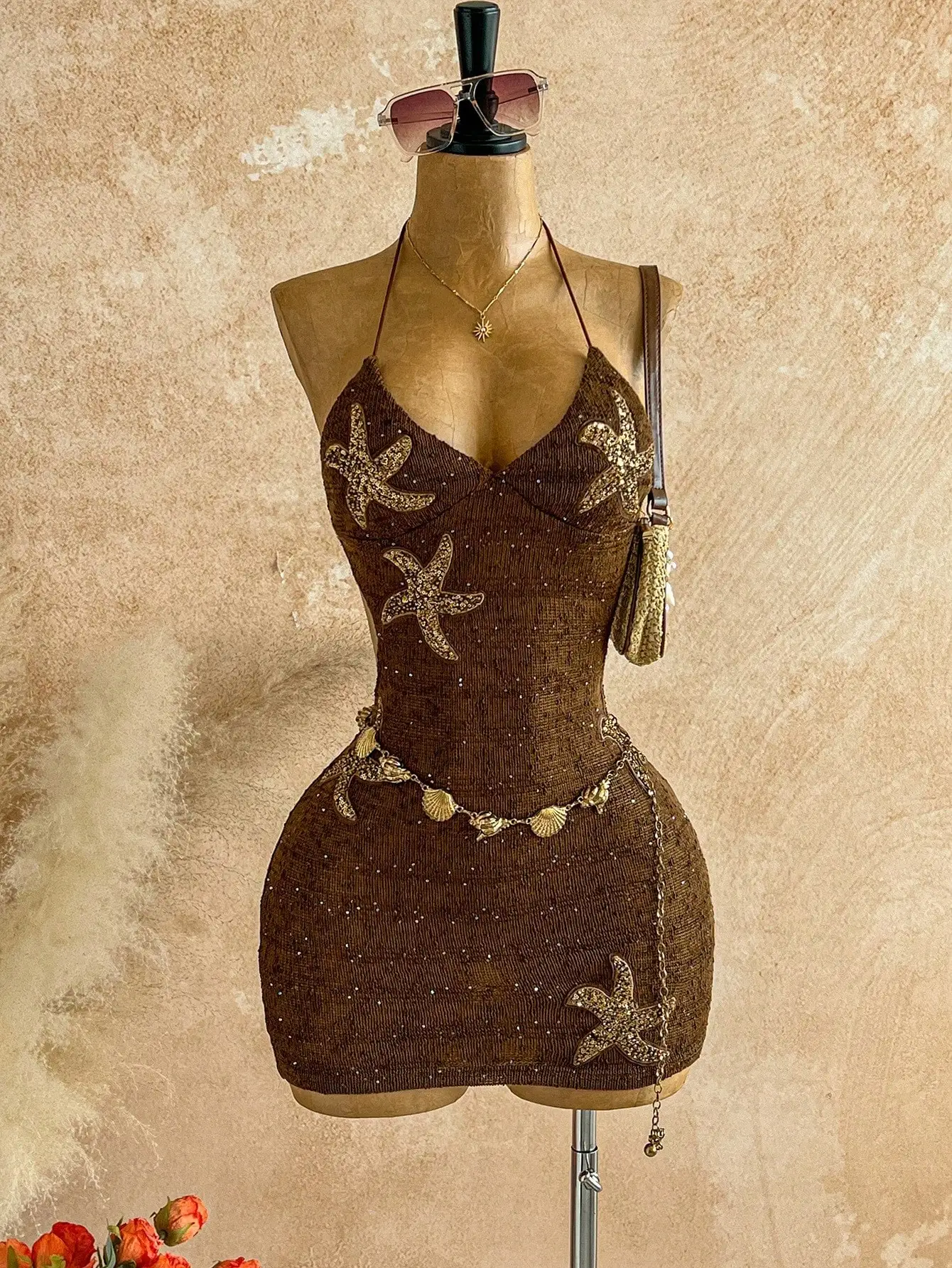 

Brown Sequin Starfish Embellished Halter Mini Dress with Shell Chain Belt