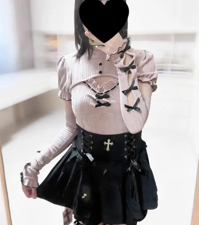 

Оригинальный новый осенний женский милый бант с нарукавным рукавом, тонкий вязаный топ, юбка на шнуровке с высокой талией, костюмы с юбкой Лолиты