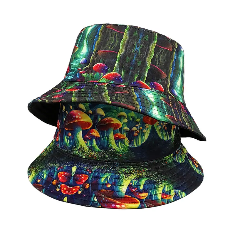 2024 Four Seasons Cotton Cartoon Mushroom Print Bucket Hat Fisherman Hat Outdoor Travel Sun Cap for Men and Women 279