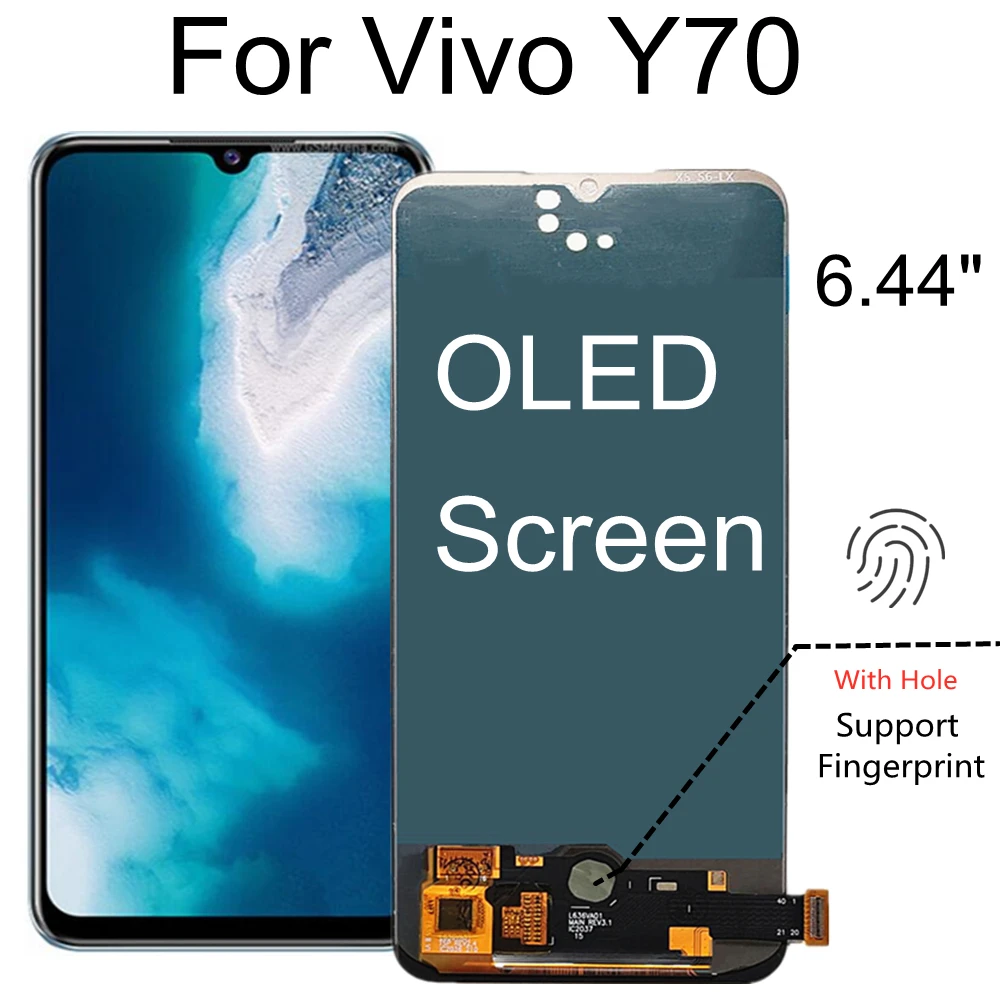 

ЖК-дисплей 6,44 ''OLED для Vivo Y70, сенсорный экран с отверстием для отпечатков пальцев, дигитайзер в сборе, замена