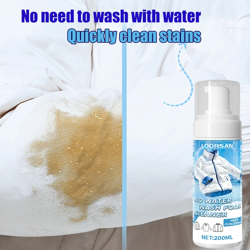 LOORSAN 200ML Large Capacity No Water Wash Foam Cleaner - Quick Stain Remover for Down Jackets, Bedding & All Fabrics, No Rinse