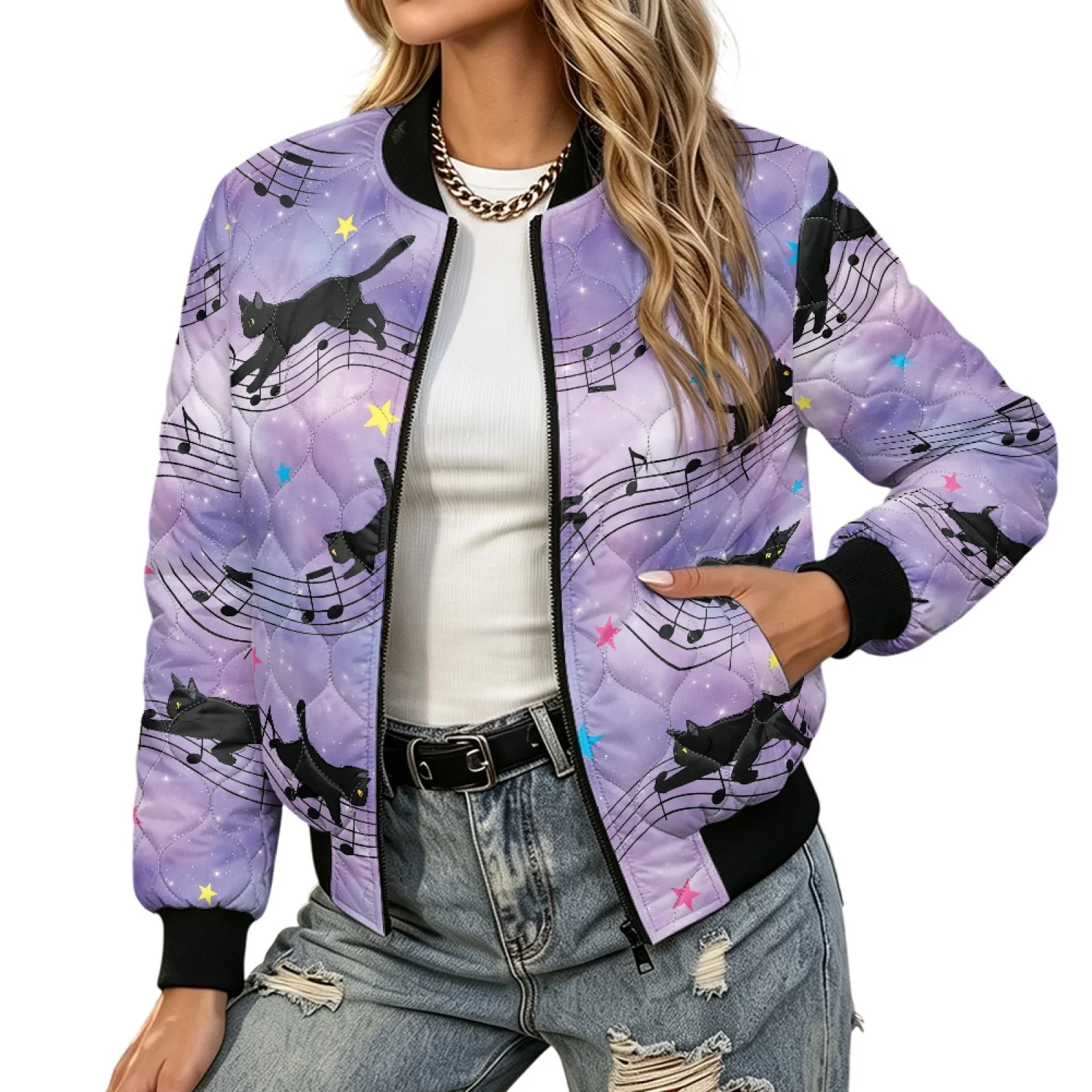 PENSTROLL Cat Music Theme Womens Lightweight Quilted Zip Jacket Water-Resistant Winter Coats for Daily Wear